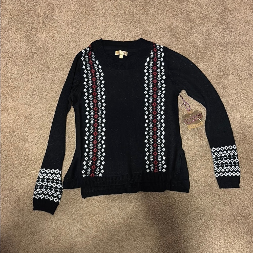 Black Sweater with Red and White Pattern